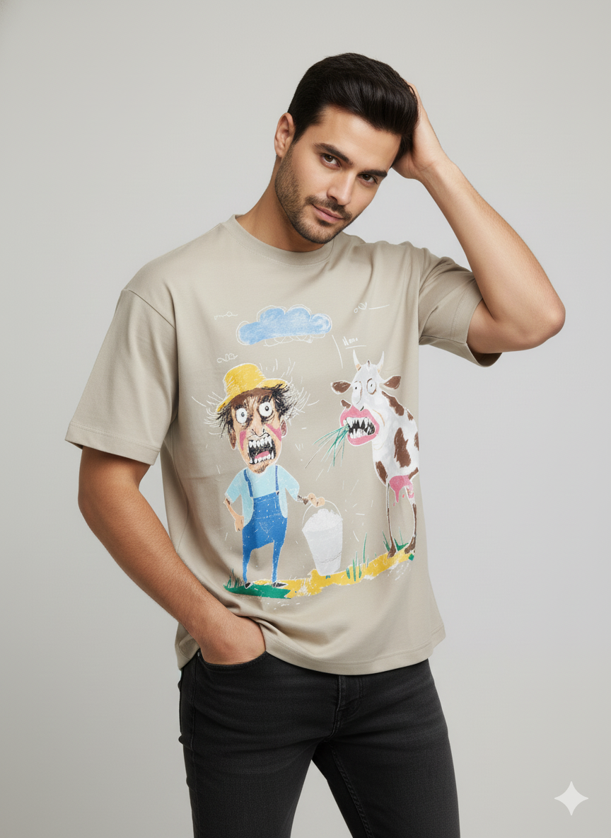 Farmer & Cow Graphic Oversized T-Shirt for Men – Beige