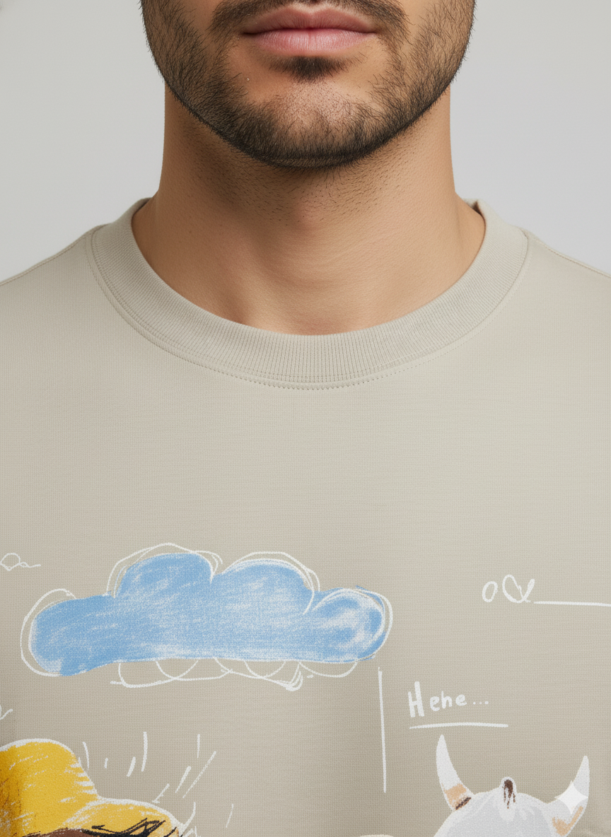 Farmer & Cow Graphic Oversized T-Shirt for Men – Beige