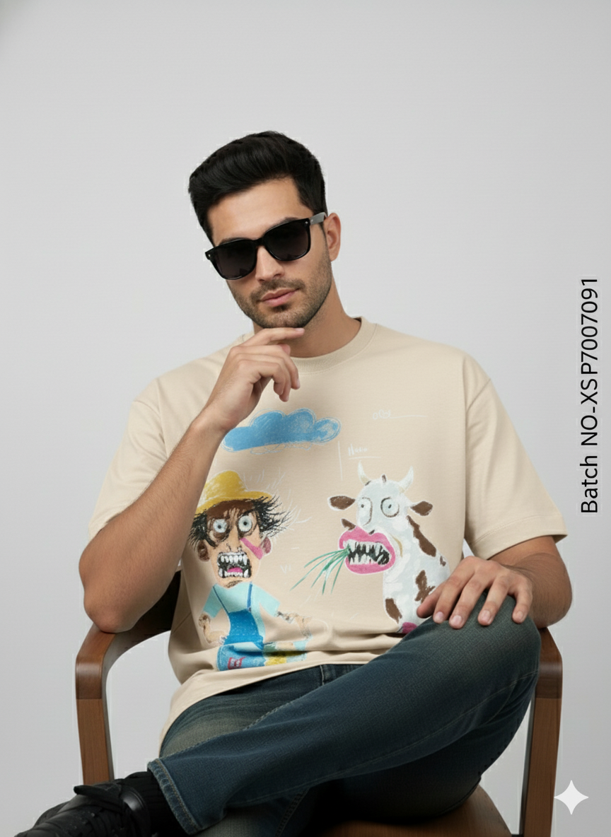 Farmer & Cow Graphic Oversized T-Shirt for Men – Beige