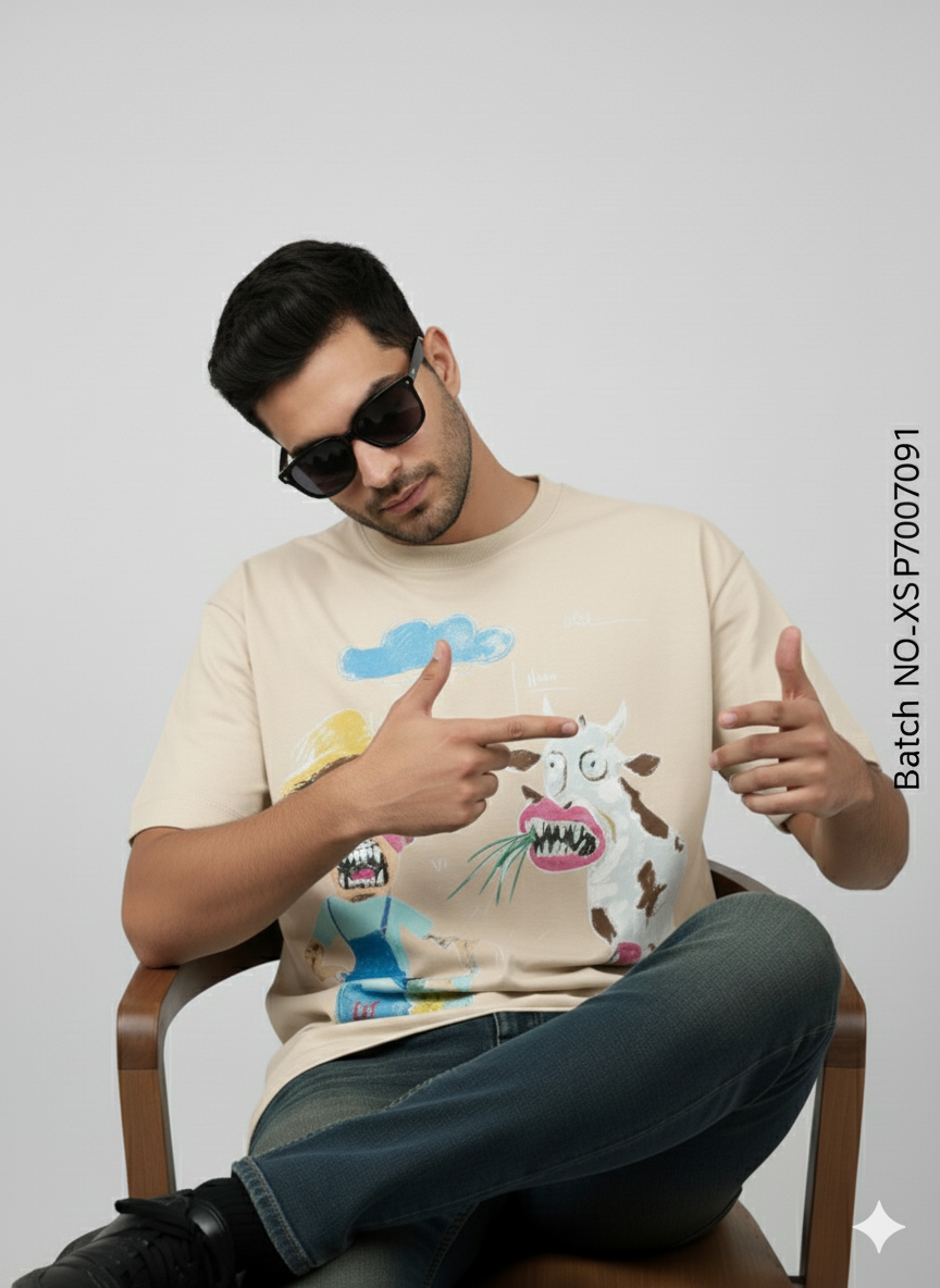 Farmer & Cow Graphic Oversized T-Shirt for Men – Beige