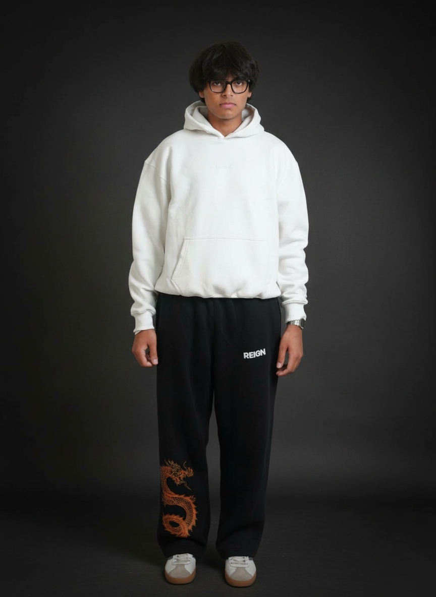 UrbnNests Premium White Oversized Hoodie with Dragon Graphics