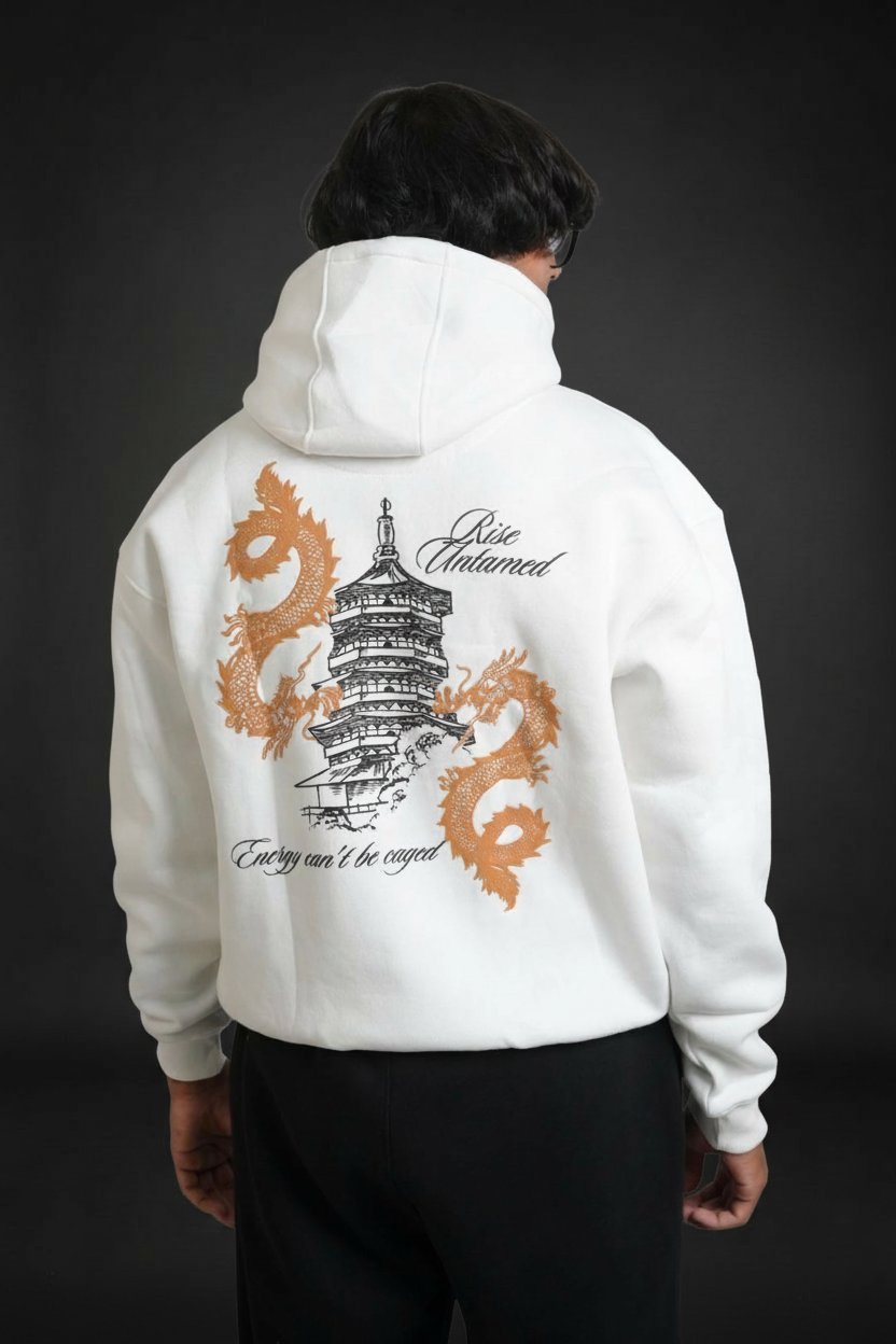 UrbnNests Premium White Oversized Hoodie with Dragon Graphics