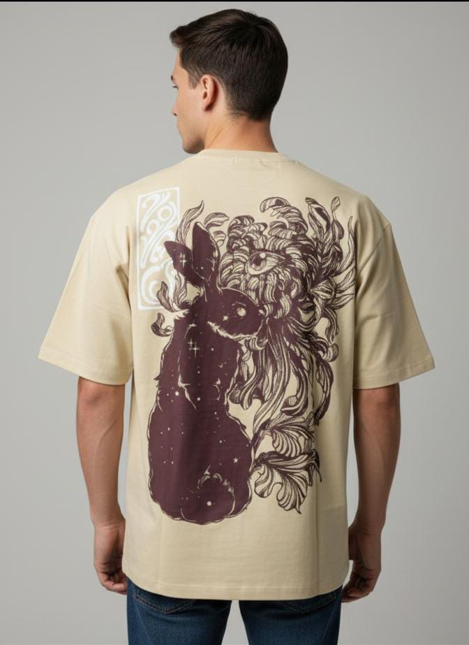 Cosmic Bunny Oversized Graphic T-Shirt – Light Tan