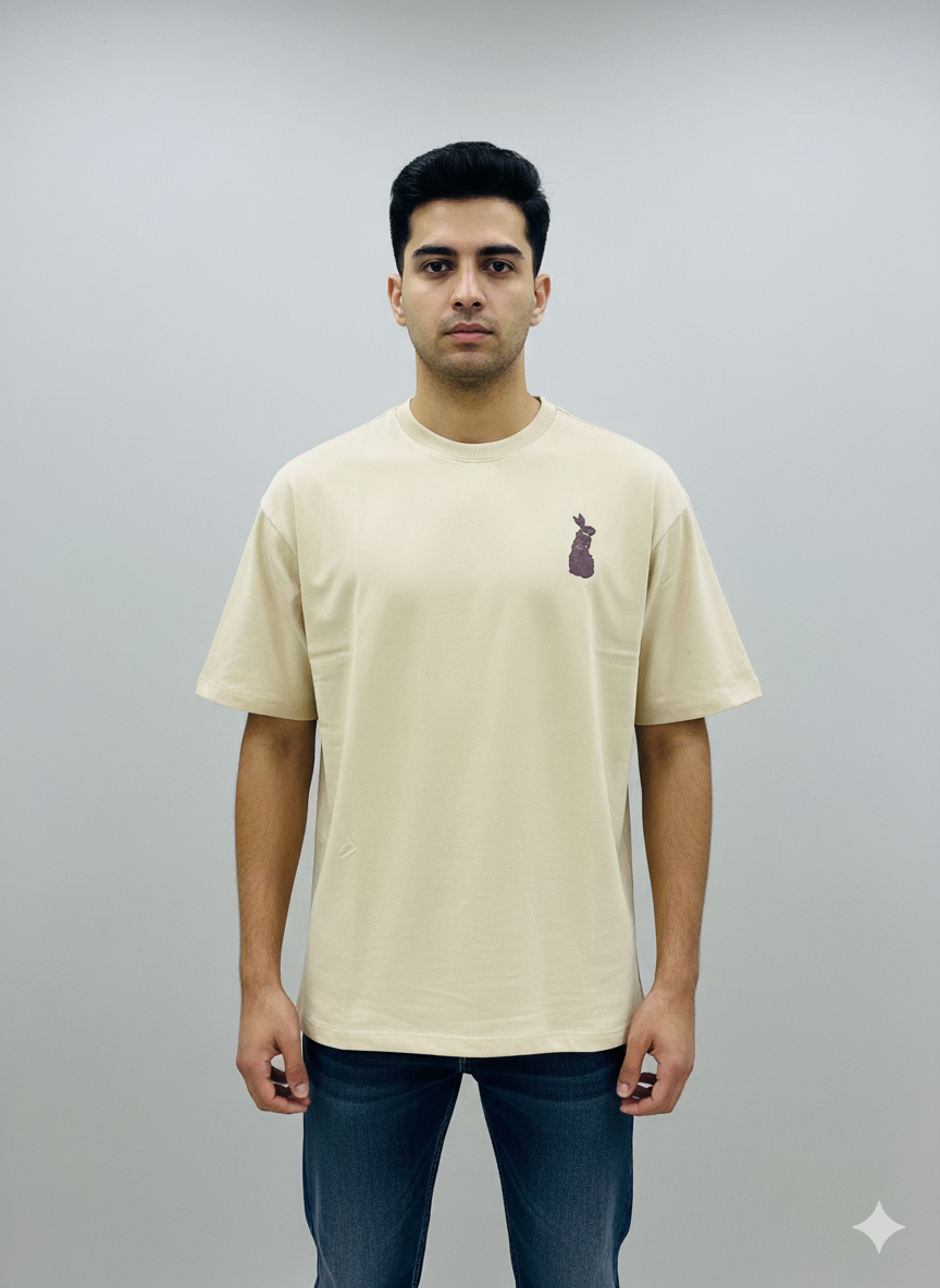 Cosmic Bunny Oversized Graphic T-Shirt – Light Tan