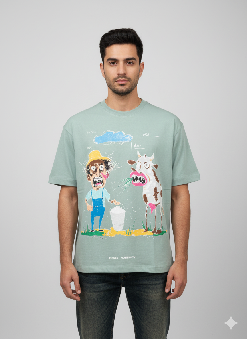 Farmer & Cow Graphic Oversized T-Shirt – Mint Green