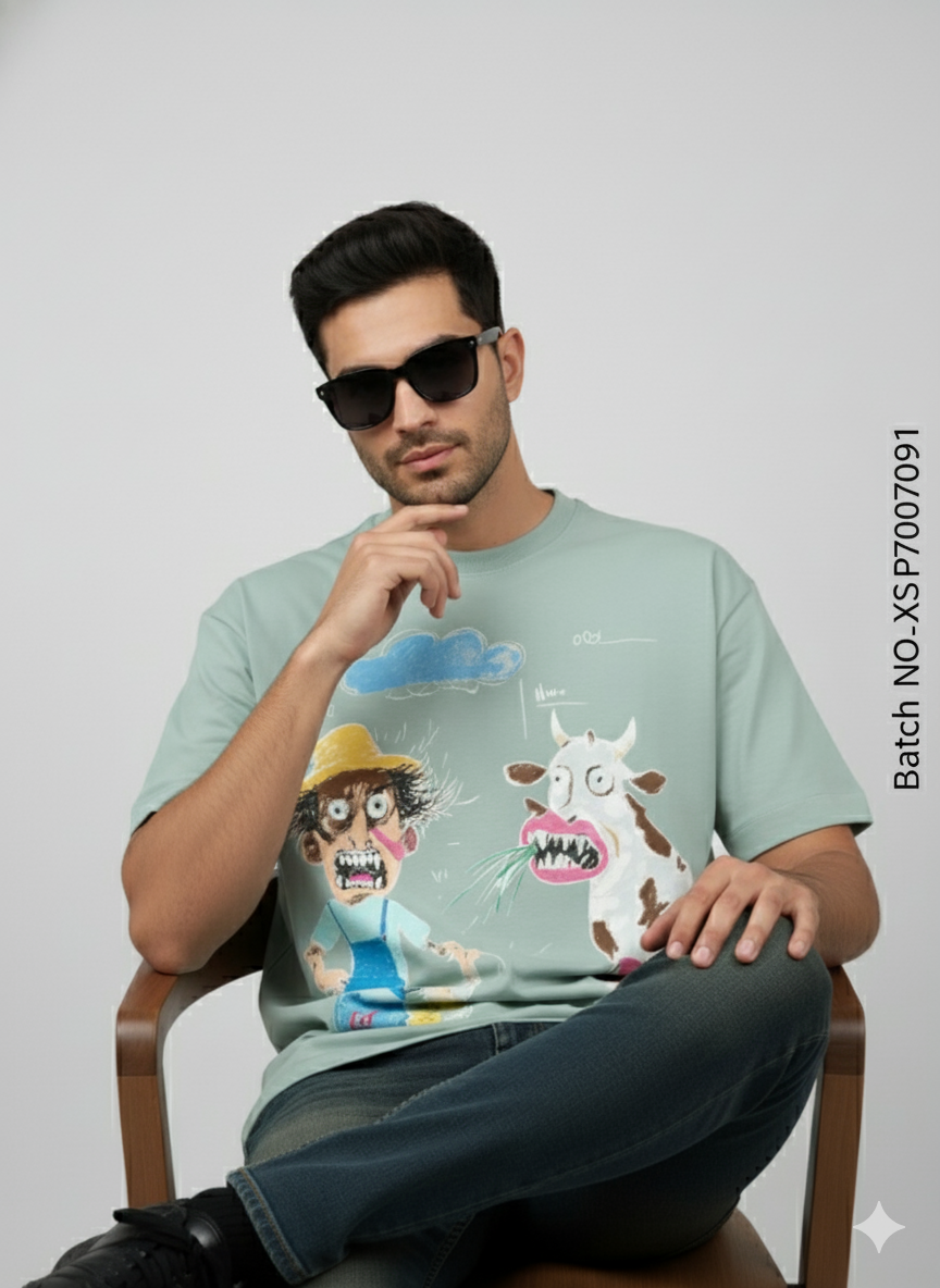Farmer & Cow Graphic Oversized T-Shirt – Mint Green