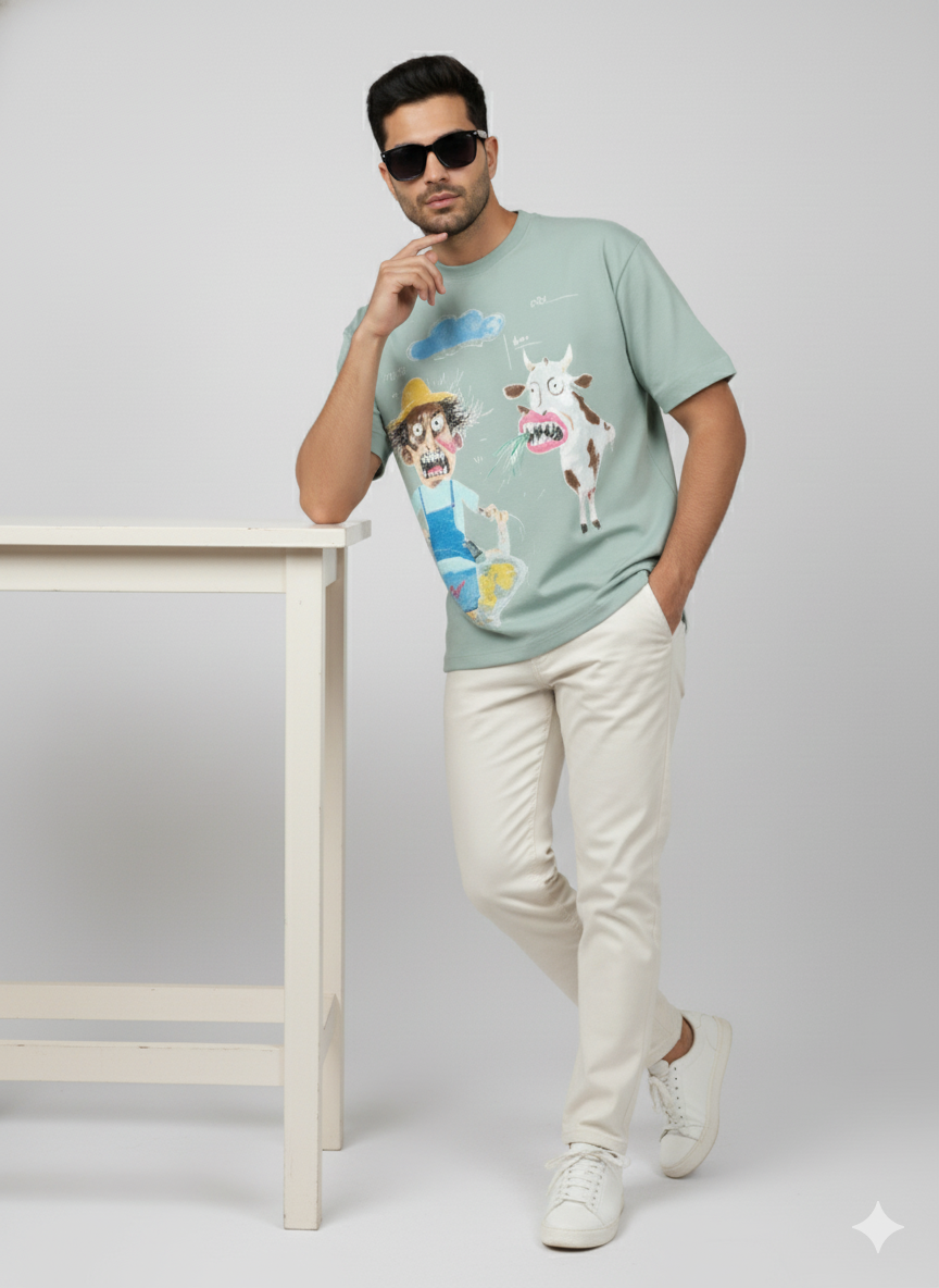 Farmer & Cow Graphic Oversized T-Shirt – Mint Green