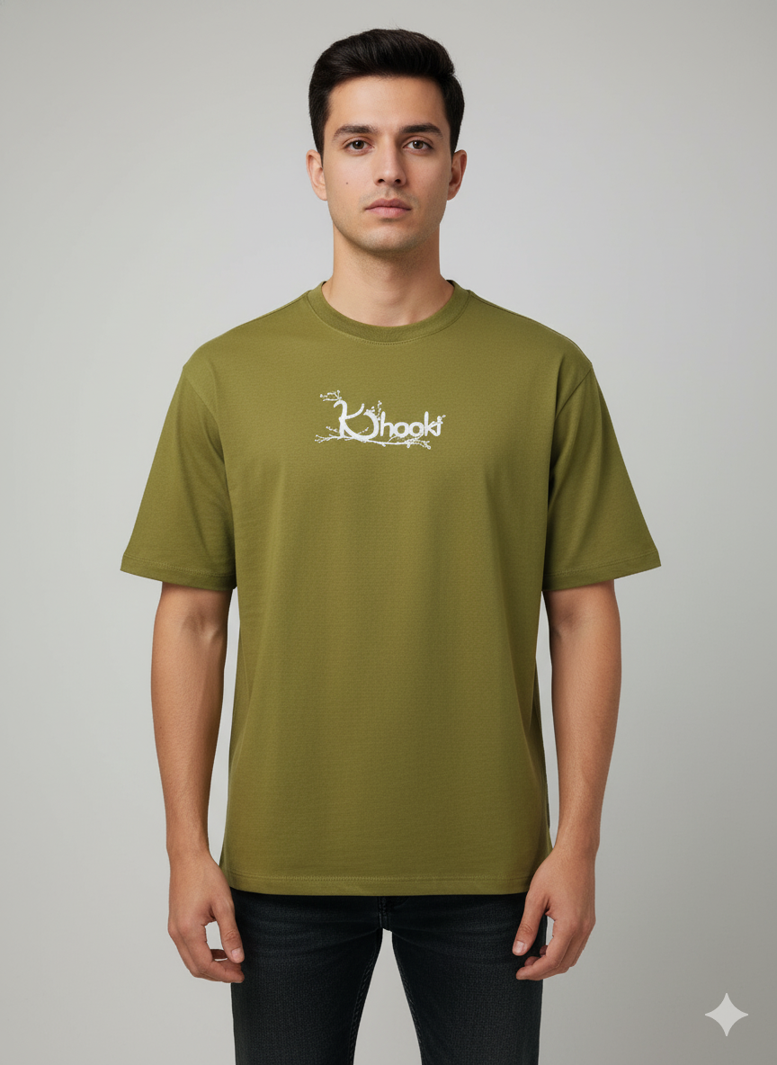 URBNNESTS Olive Green Back Print Oversized T-Shirt