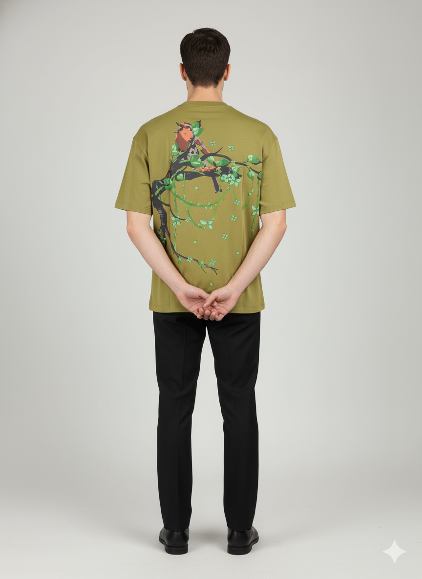 URBNNESTS Olive Green Back Print Oversized T-Shirt