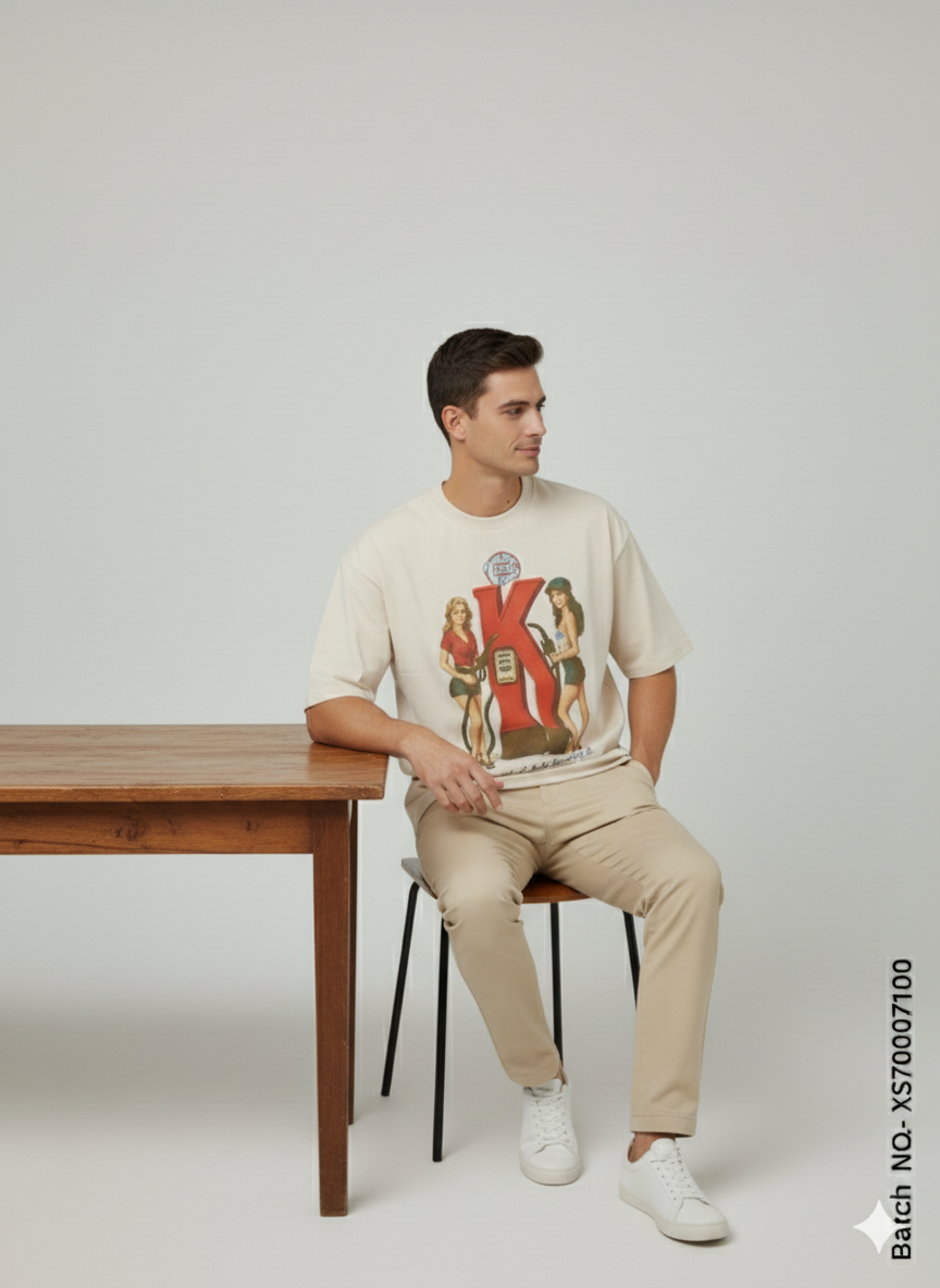 Retro “K” Graphic Oversized T-Shirt – Beige