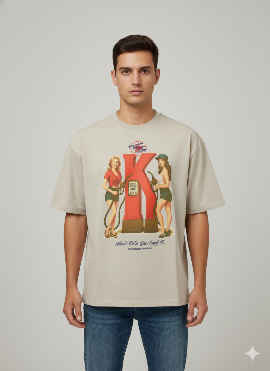 Retro “K” Graphic Oversized T-Shirt – Beige