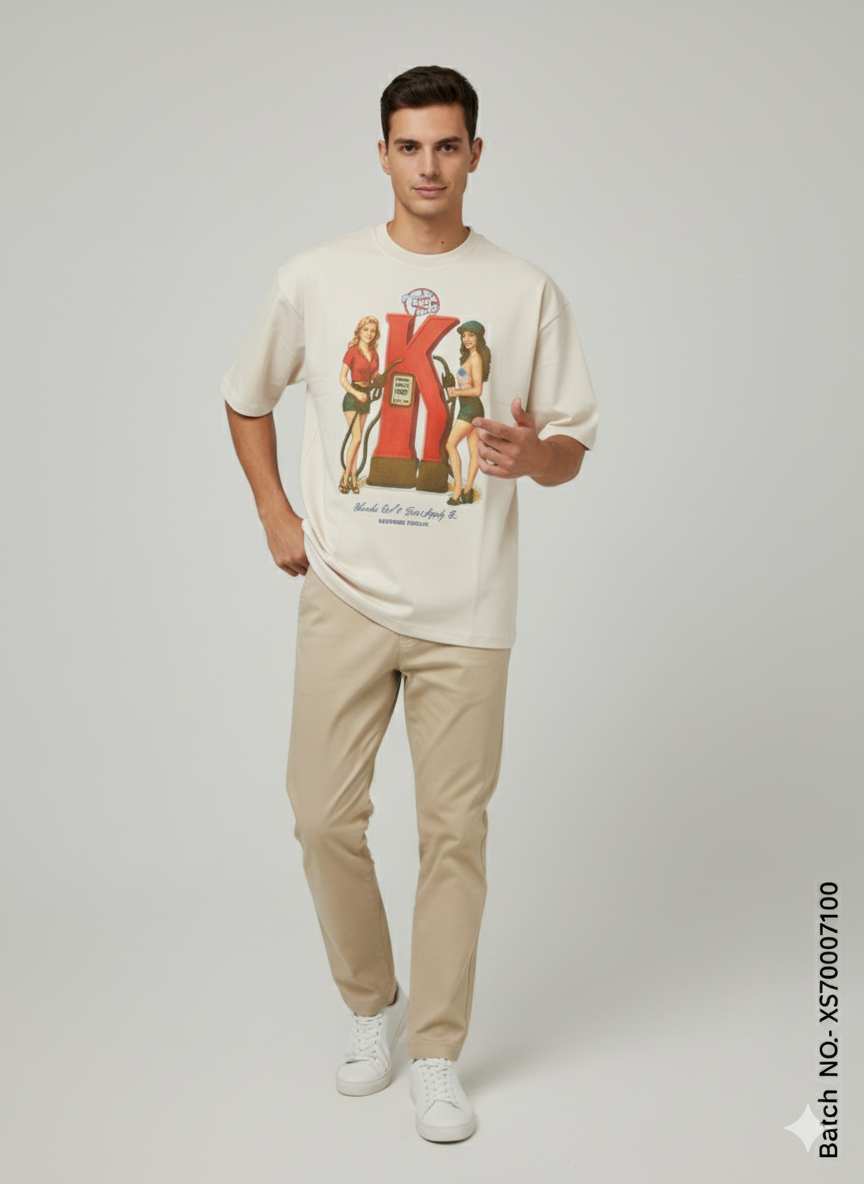 Retro “K” Graphic Oversized T-Shirt – Beige