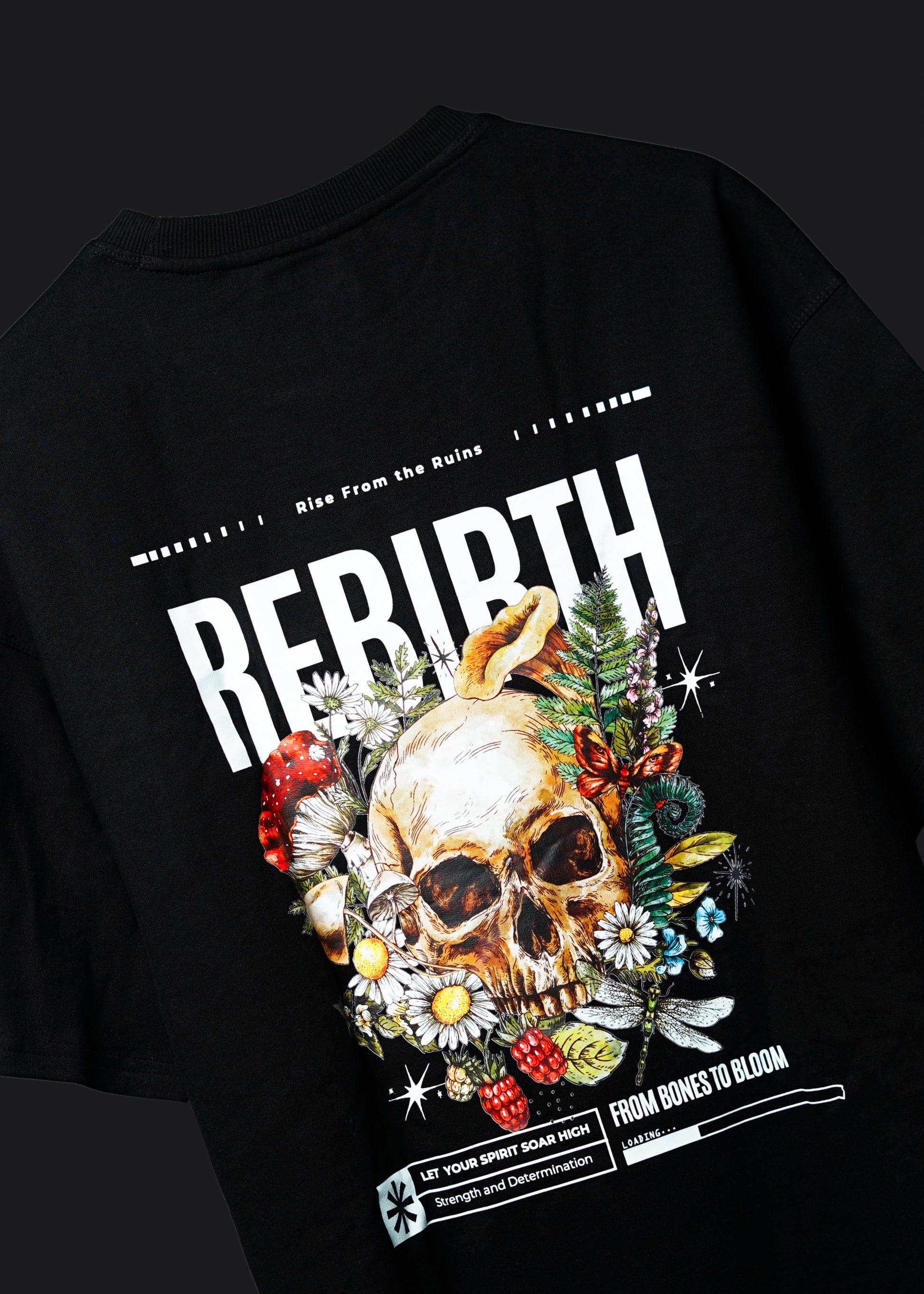 REBIRTH Black Skull Graphic T-Shirt for Men – Premium Cotton Streetwear Tee with Skull and Floral Design by Urbnnests