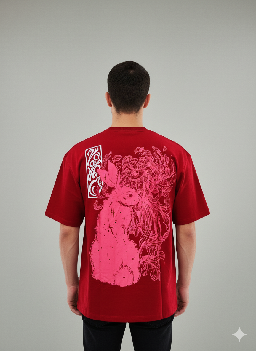 Inferno Rabbit Oversized Graphic T-Shirt – Red
